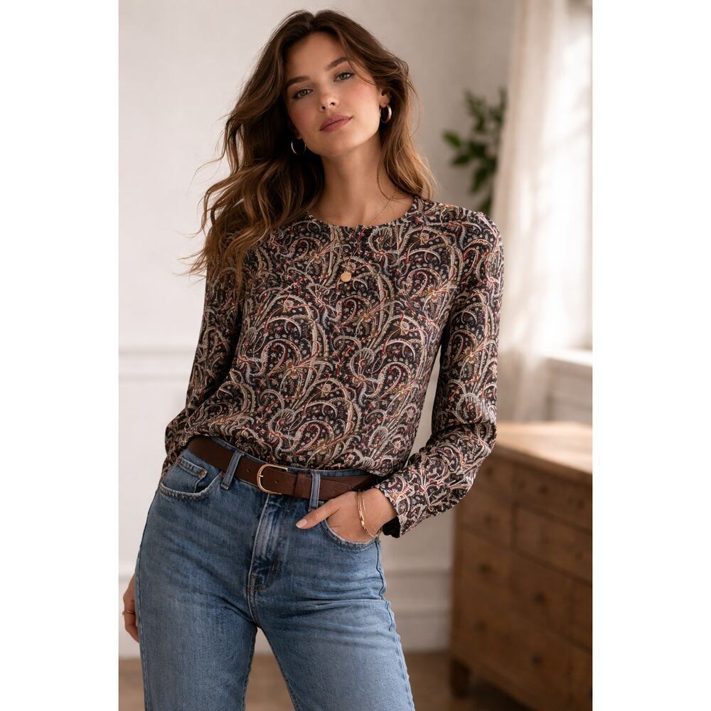 J.Crew 100% Silk Paisley Blouse Size 00 rich navy-based paisley print